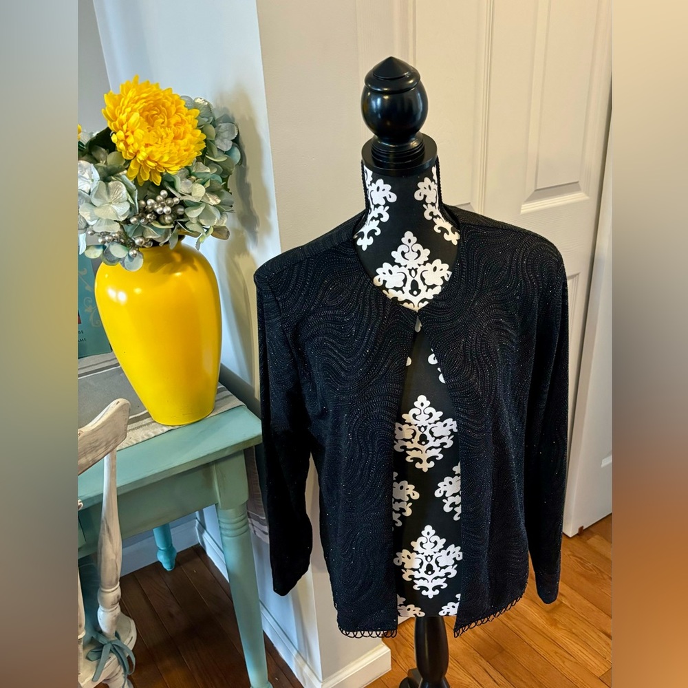 X Scape By Joanna Chen XL Sparkle Open Front Black/Silver Knit Blazer Cardigan